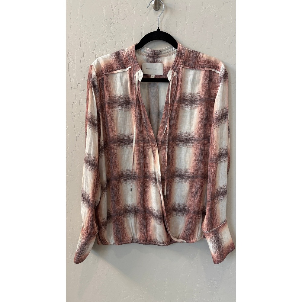 Brochu Walker Tatum Plaid V-Neck Tie Front Long‎ Sleeve Blouse Brown Size L
